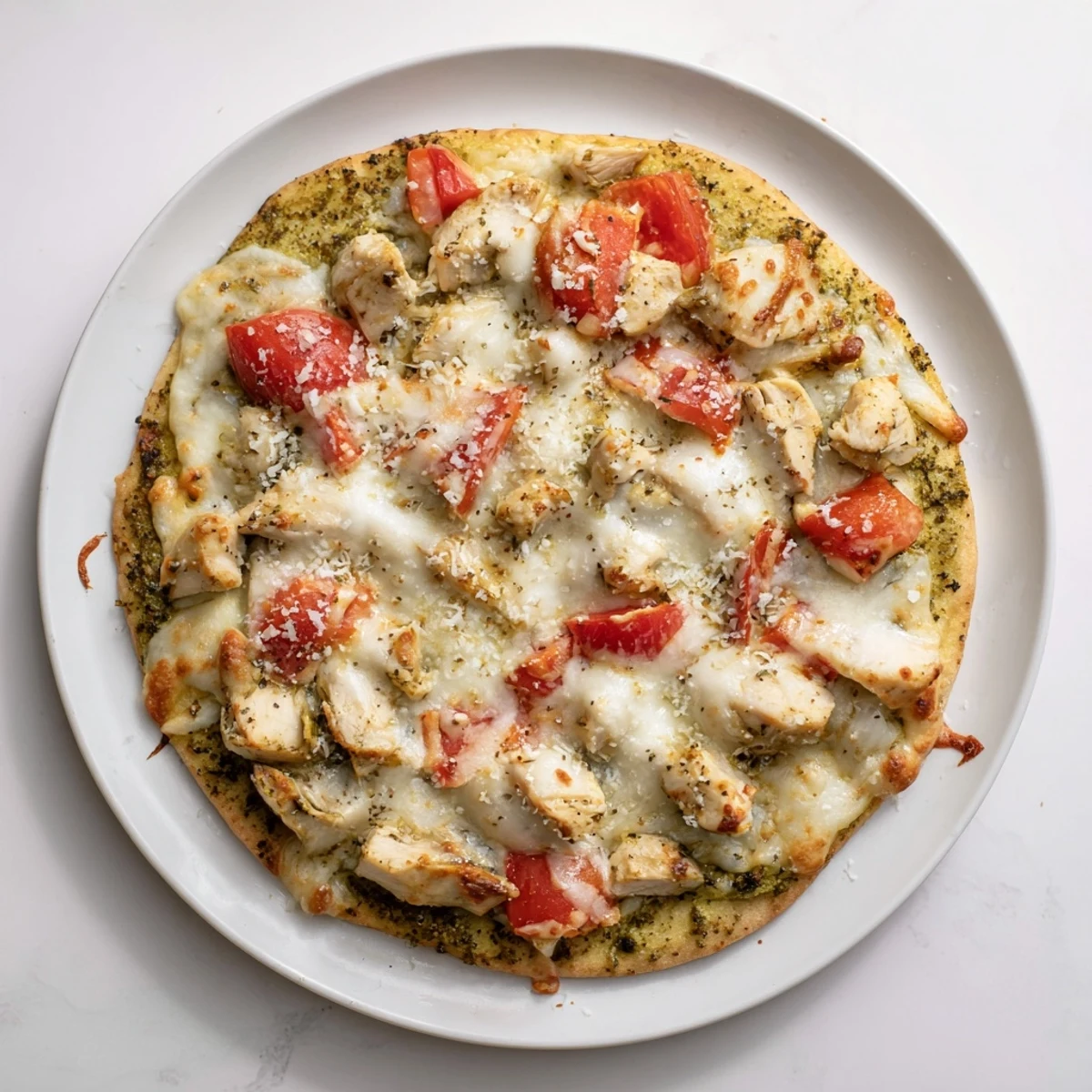 A close-up of Chicken Pesto Pizza with melted mozzarella, juicy tomato slices, and fresh basil garnish on a thin, golden crust.  