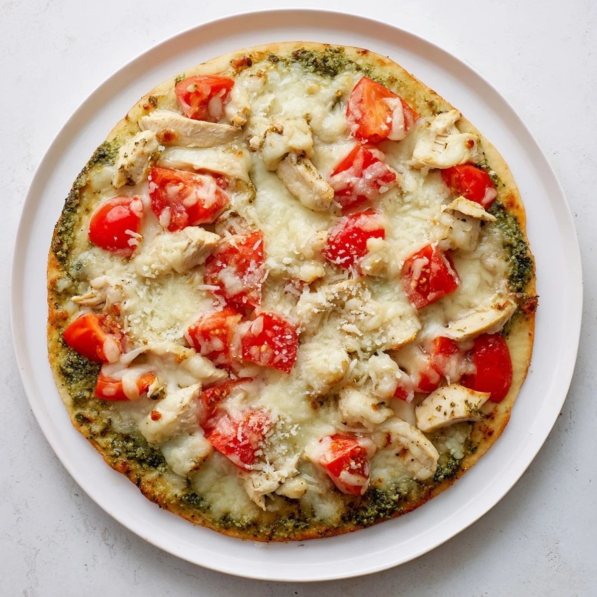 Slice of warm Chicken Pesto Pizza lifted from the pan, showing melted mozzarella, tomatoes, and vibrant green pesto on a crisp crust.