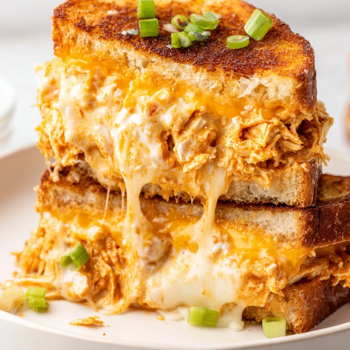 Sliced in half, this Buffalo Chicken Ranch Grilled Cheese showcases juicy buffalo chicken and melted cheese, perfect for a quick weeknight dinner.
