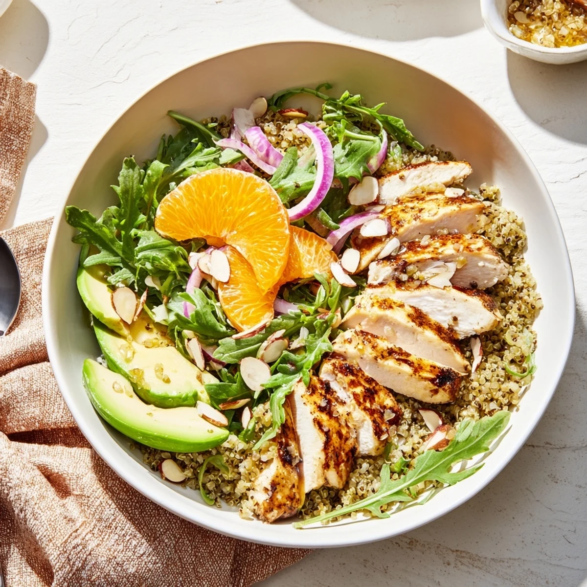A wholesome, fresh meal prep bowl features juicy grilled chicken, crisp greens, and avocado over quinoa, finished with a zesty citrus vinaigrette for this Citrus Herb Chicken Salad Bowl.