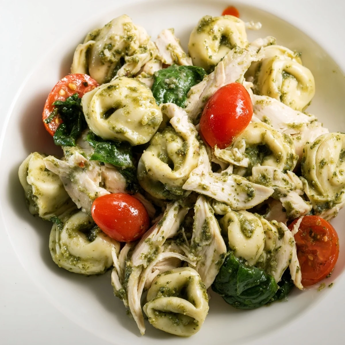 Creamy Pesto Tortellini Skillet features tender pasta, juicy chicken, and vibrant greens bubbling in a rich, herb-infused sauce.  