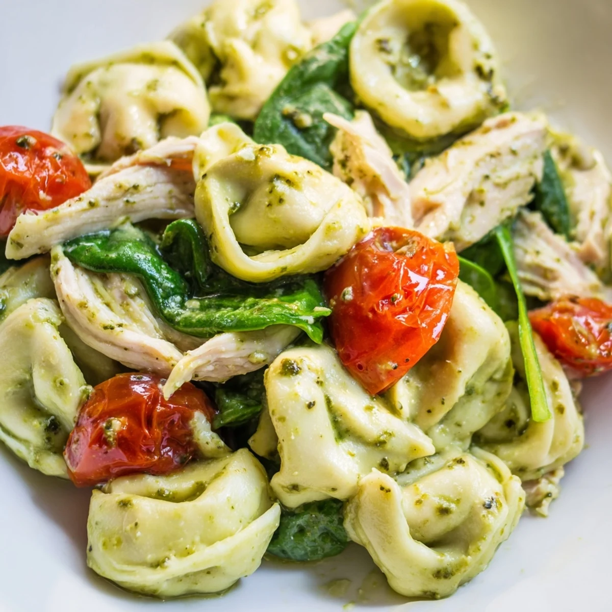 A close-up of the Creamy Pesto Tortellini Skillet reveals a glossy, bright green sauce clinging to each pasta pocket and garnish.