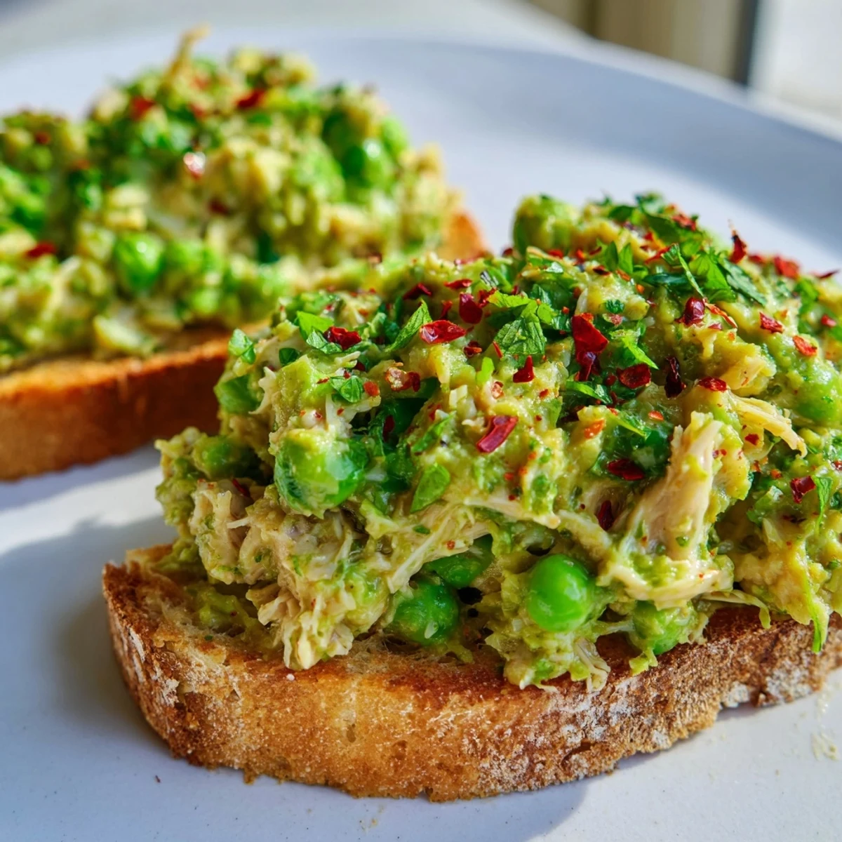 Golden toasted sourdough topped with creamy smashed peas, tender shredded chicken, chili flakes, and crumbled feta for a vibrant open-faced sandwich.