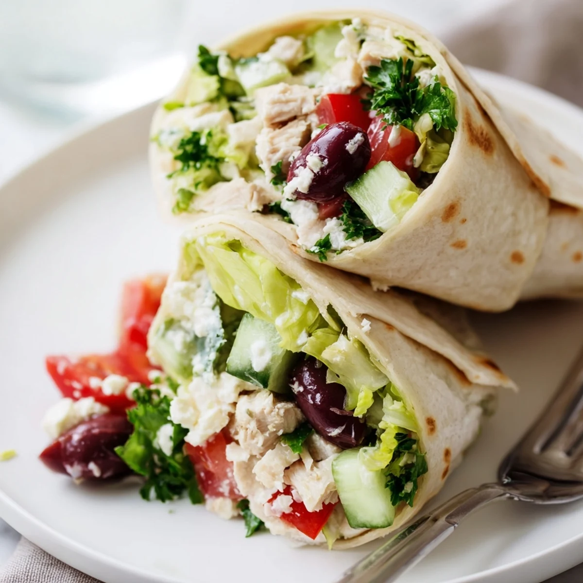 Savory Greek Lemon Chicken Salad Wrap filled with juicy marinated chicken, crisp cucumber, and tangy feta cheese.