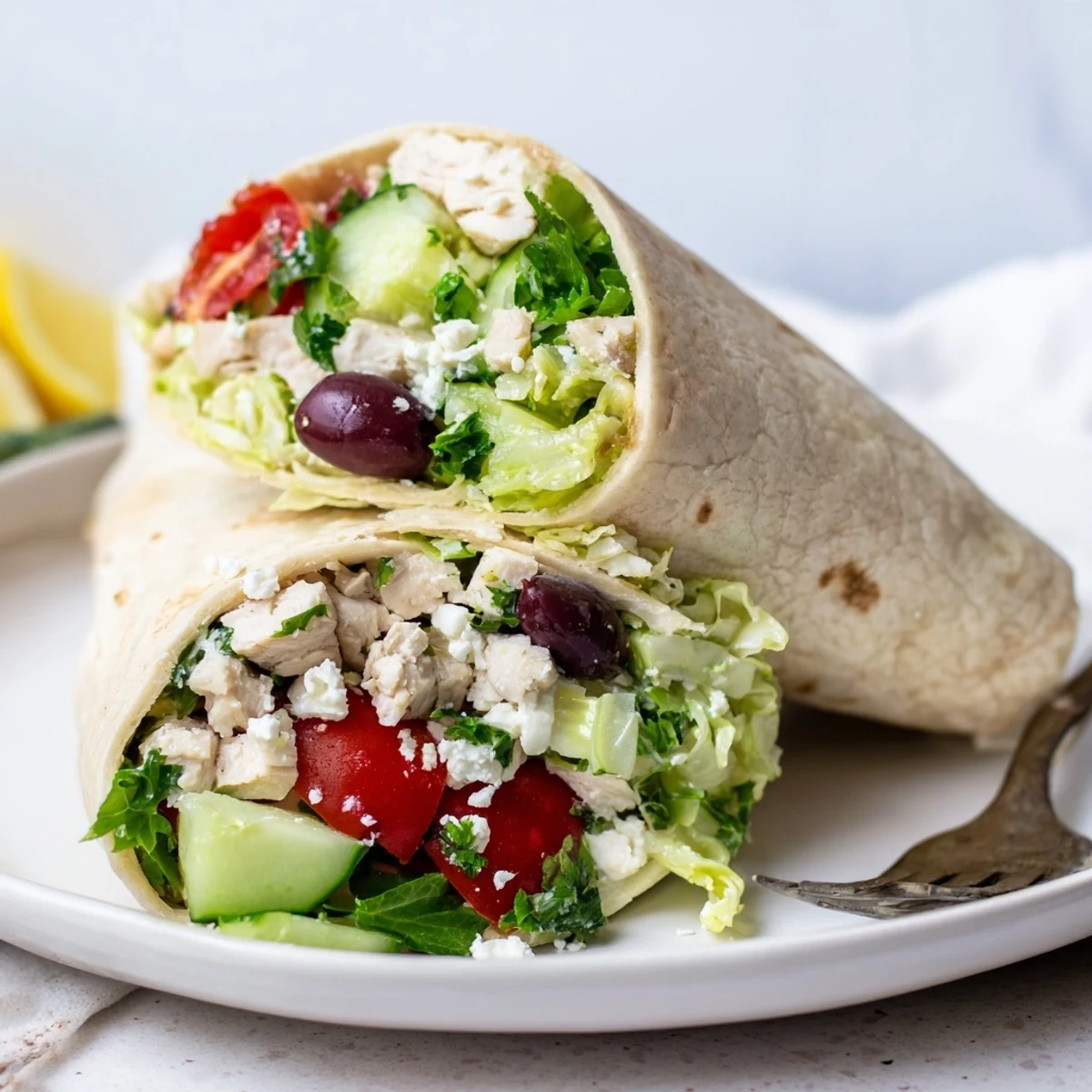 Greek Lemon Chicken Salad Wrap sliced in half on a rustic table, showcasing colorful Greek salad and tender chicken.