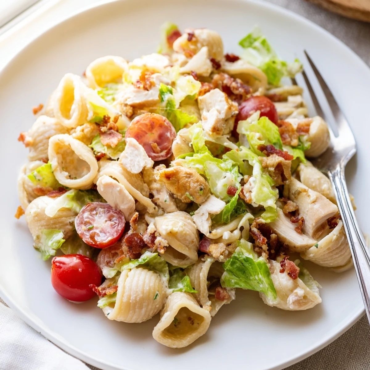 A hearty BLT Chicken Pasta Salad showcases smoky bacon, cherry tomatoes, and romaine tossed with creamy dressing on a picnic table.  
