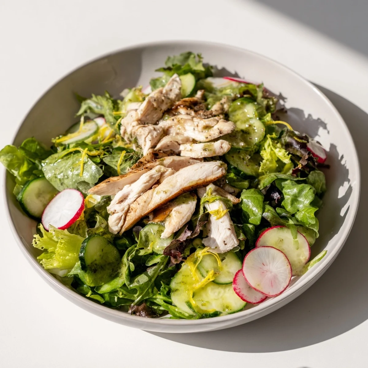 Grilled chicken slices, cucumber, and radish on mixed greens for a vibrant Spring Detox Chicken Salad.