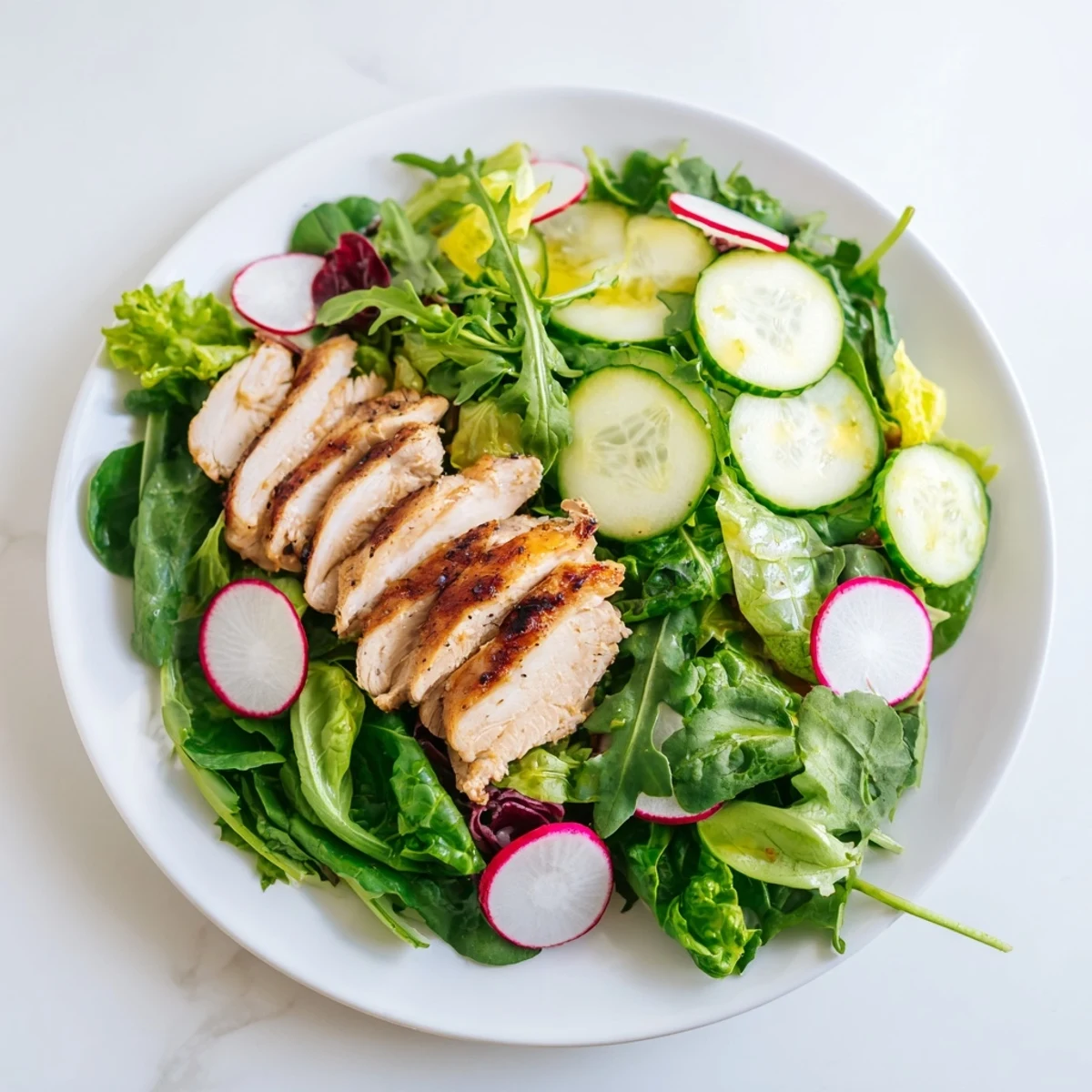 A bowl of Spring Detox Chicken Salad with tender grilled chicken and a zesty lemon vinaigrette.