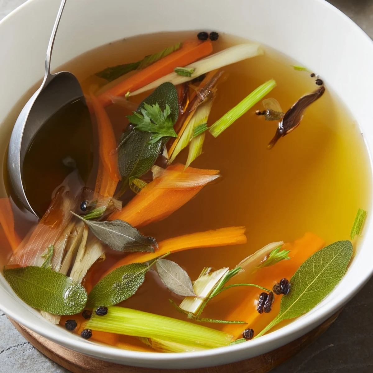 A fine-mesh sieve strains the rich Vegetable Broth from Scraps into a clear glass bowl.