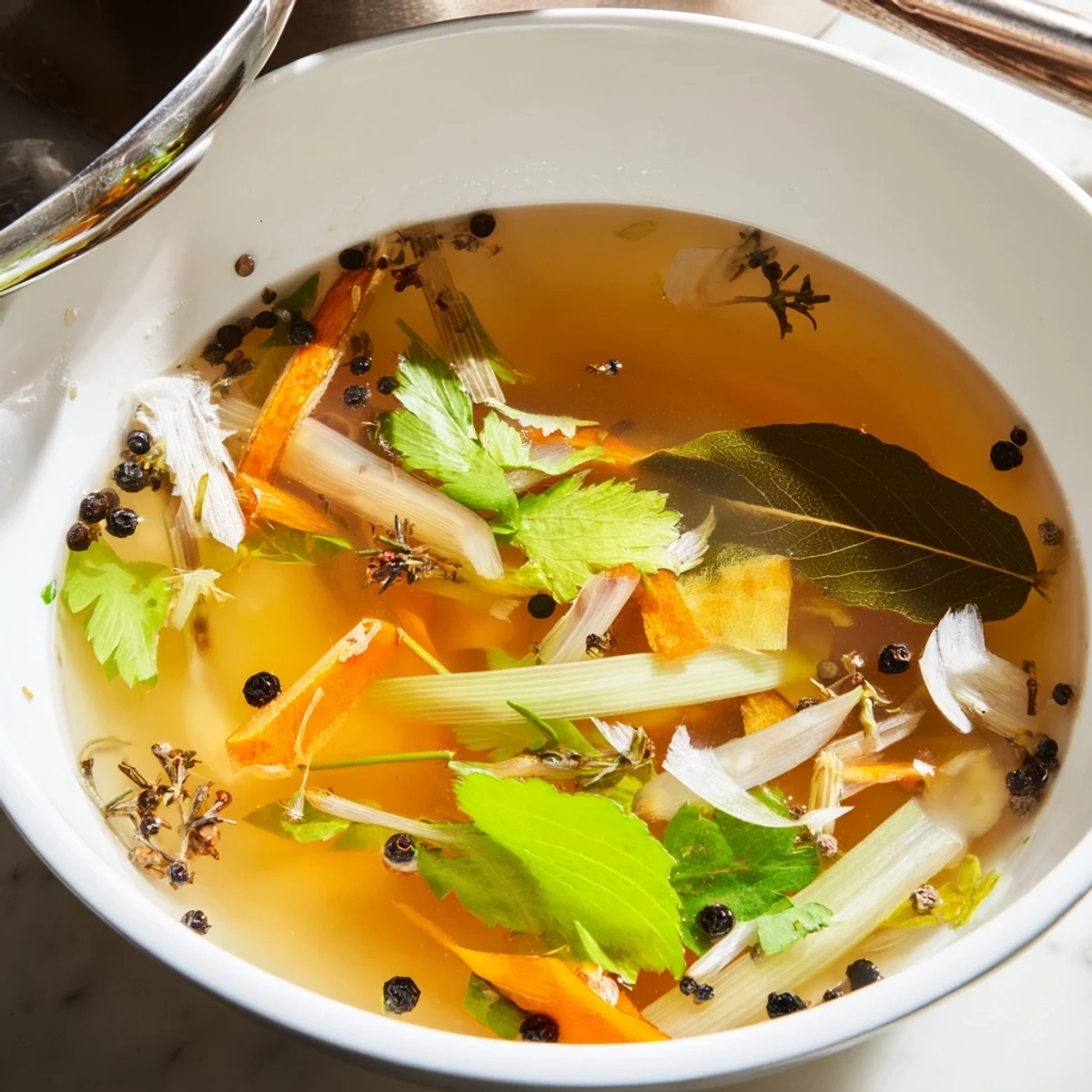 Steaming Vegetable Broth from Scraps is poured into a rustic mug with a sprig of parsley.