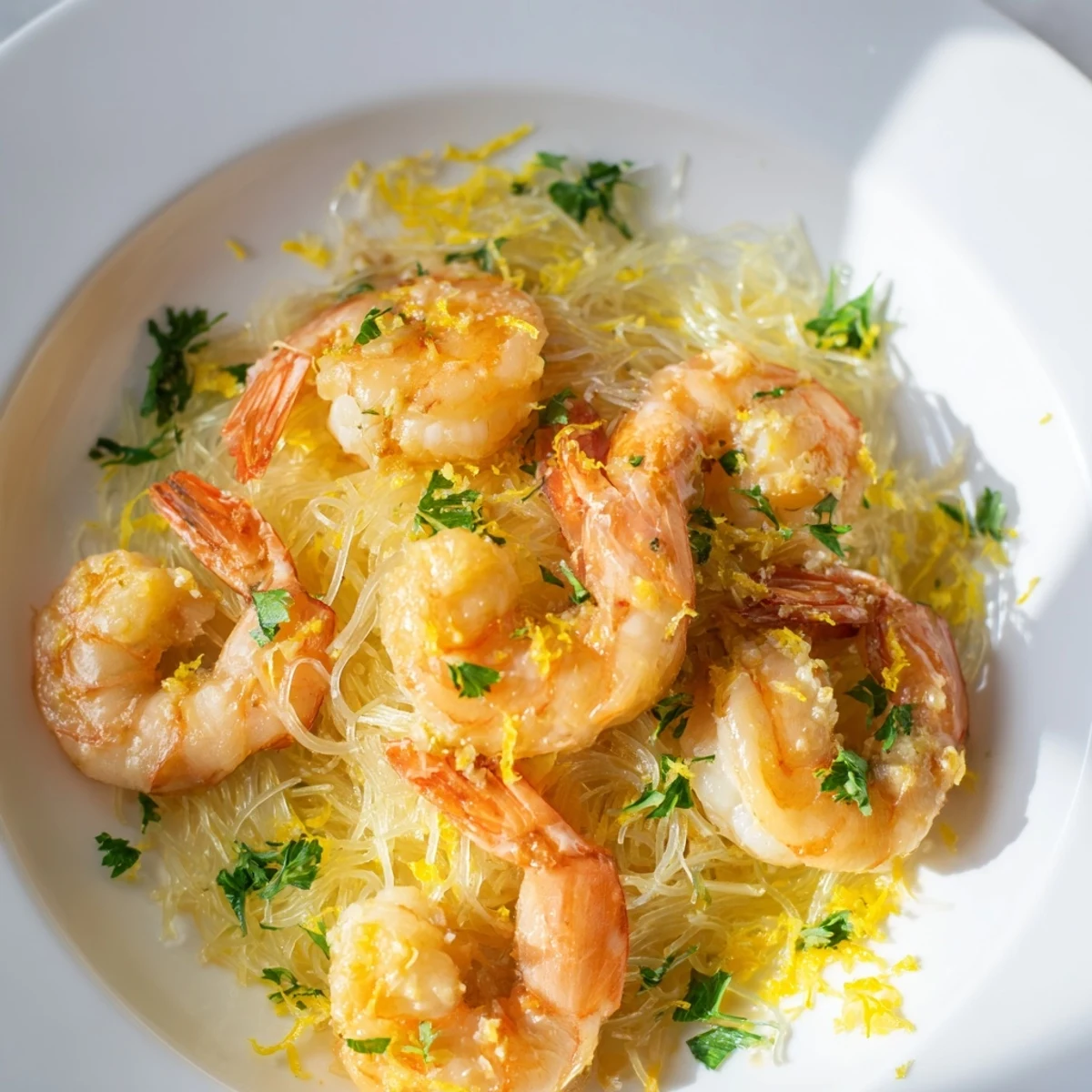 Shrimp sizzles in a zesty lemon garlic butter sauce atop tender angel hair pasta in this Lemon Butter Shrimp Pasta Lite.  