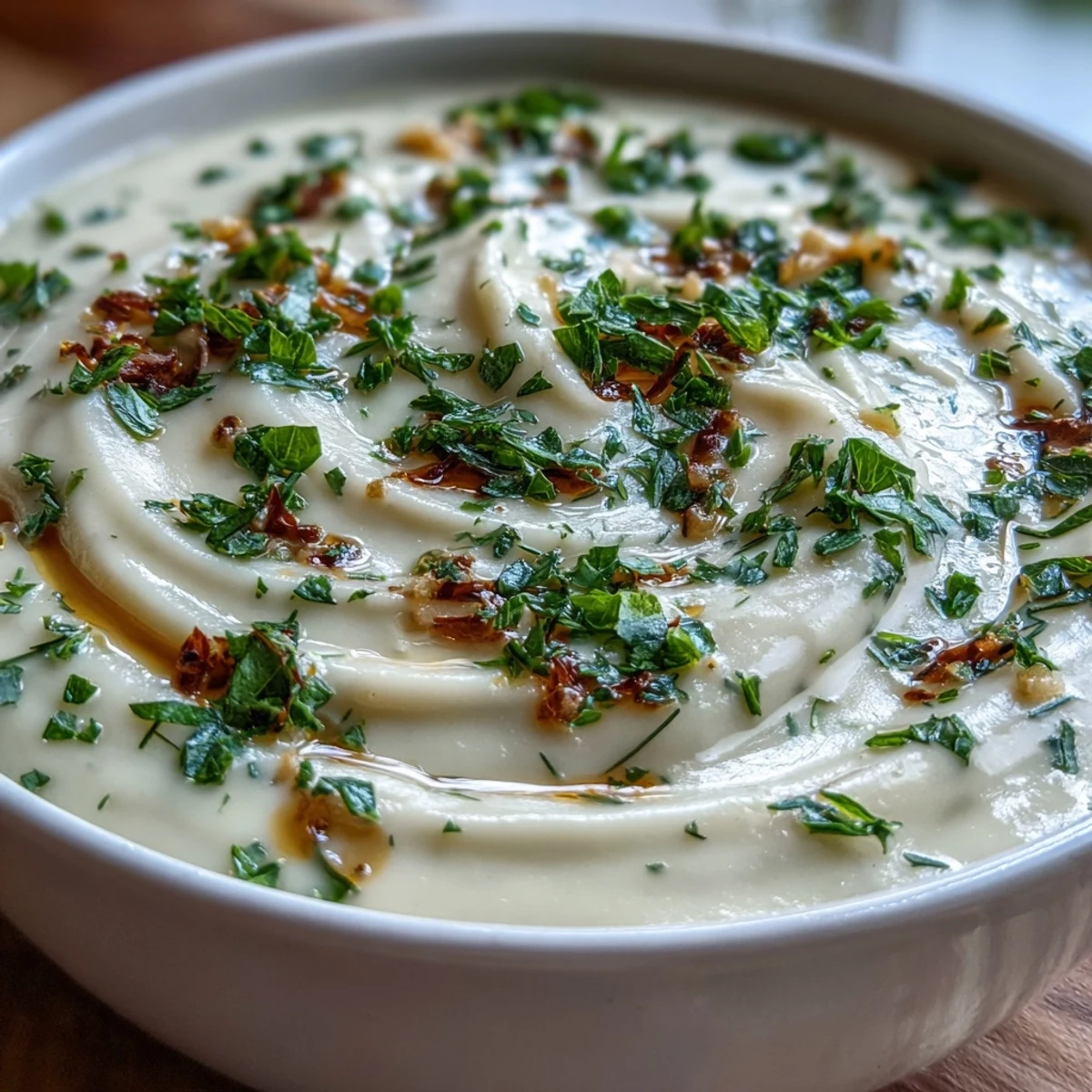 Creamy parsnip and herb soup, showcasing sweet roasted parsnips and vibrant mixed herbs.