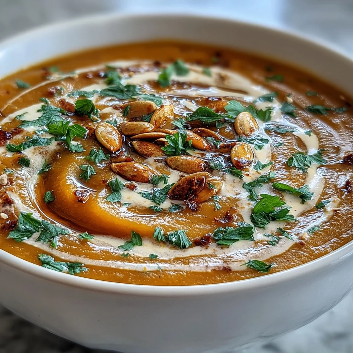 Creamy butternut squash and apple soup, topped with crunchy pumpkin seeds.