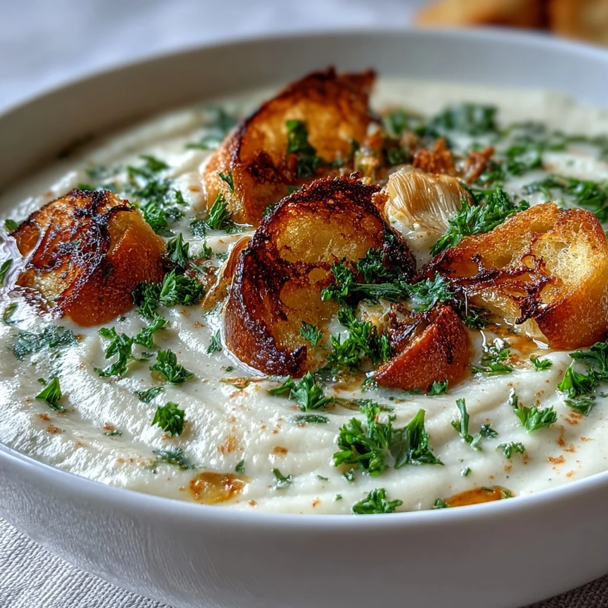 A warm bowl of Roasted Garlic Soup, garnished with fresh parsley and croutons, radiating mellow, sweet aromas from the oven-roasted garlic.