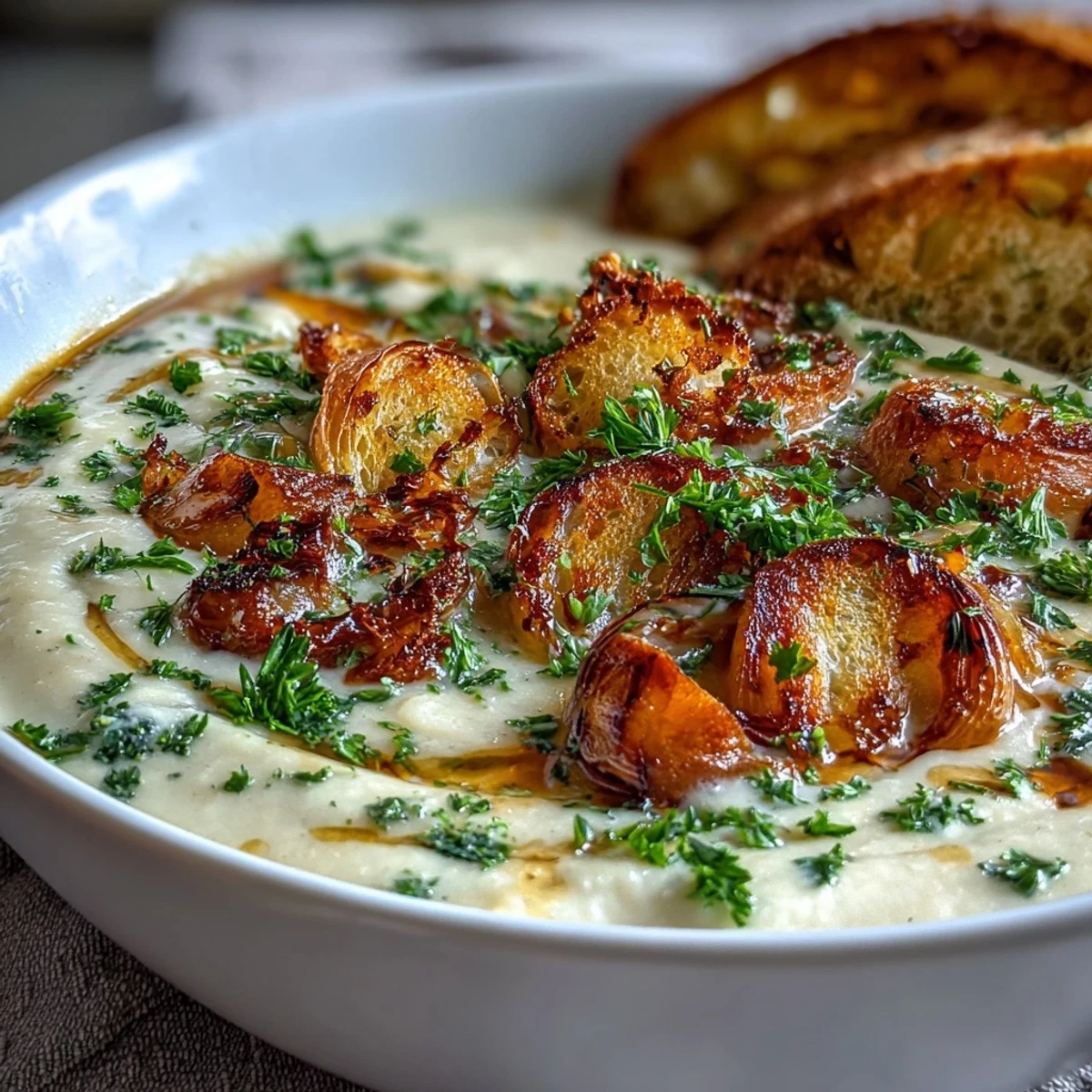 Roasted Garlic Soup is blended until velvety smooth, featuring caramelized garlic cloves, russet potatoes, and thyme in a creamy, comforting broth.