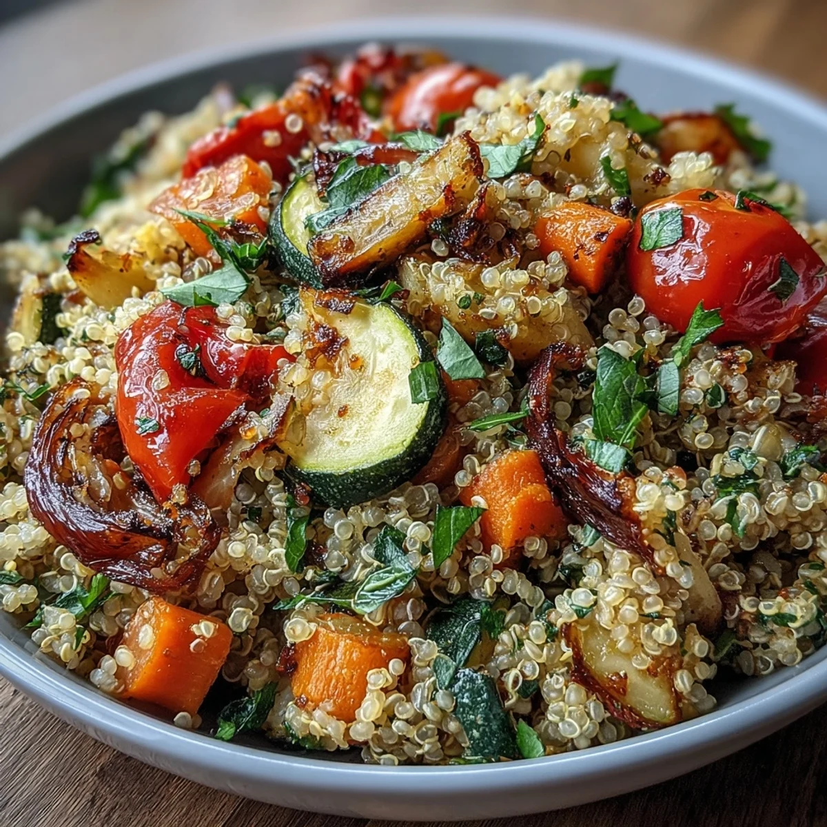 A close-up of fluffy Quinoa Vegetable Pilaf with roasted red peppers, zucchini, and fresh herbs.