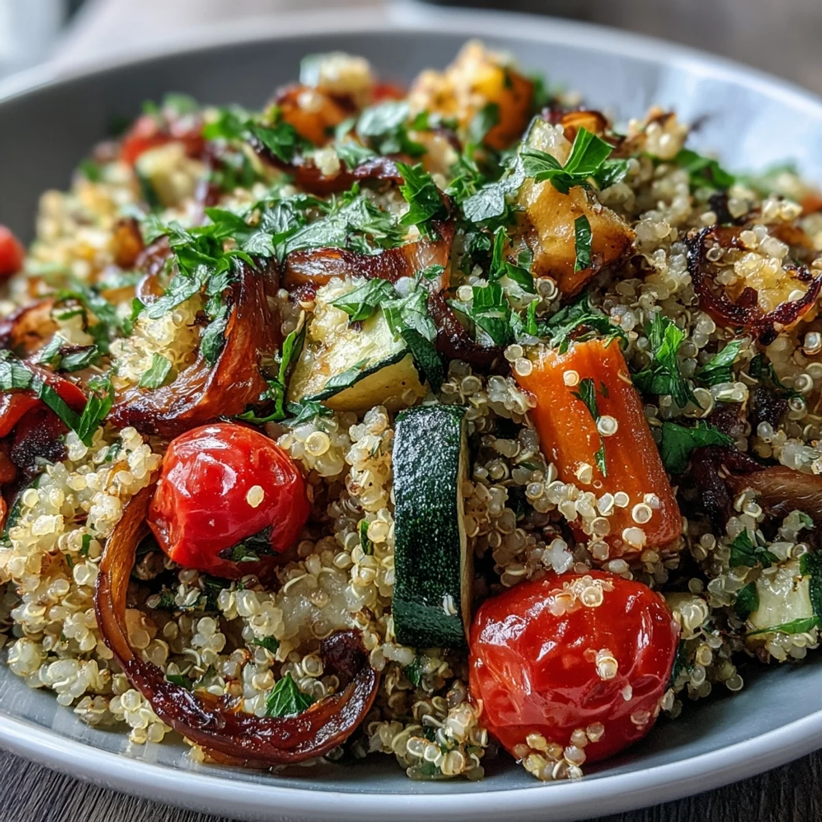 Colorful Quinoa Vegetable Pilaf with roasted carrots and tomatoes in a rustic serving bowl.