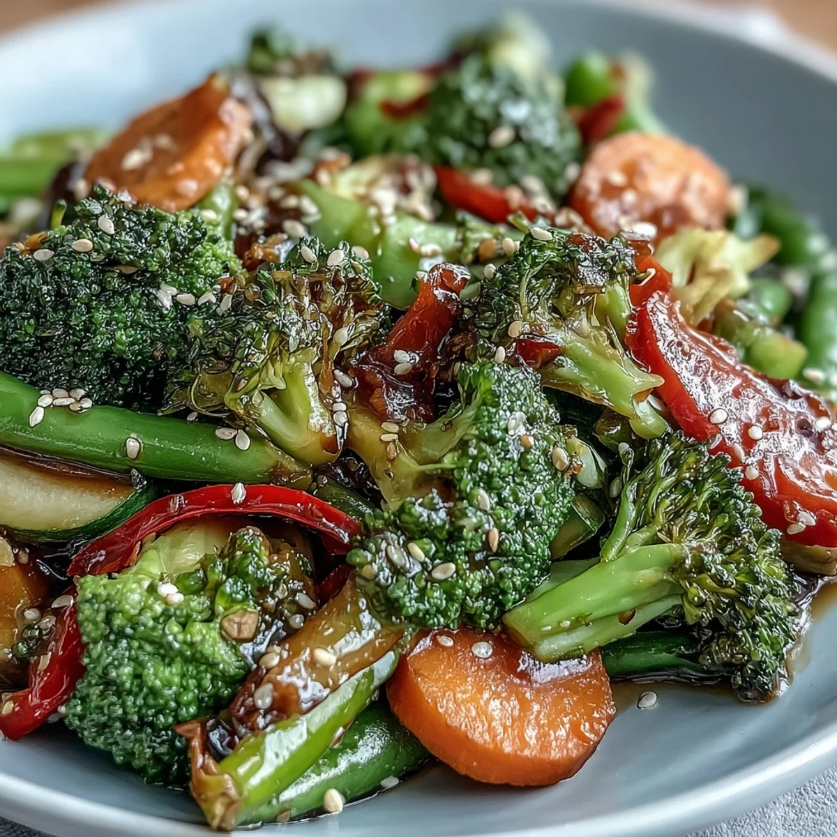 A close-up of vibrant ginger stir-fried vegetables in a wok, with steam rising and glistening soy sauce coating crisp broccoli and carrots.
