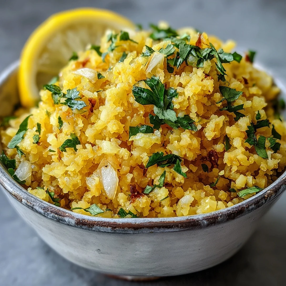 Aromatic turmeric cauliflower rice, beautifully seasoned and perfectly tender, a healthy side dish.