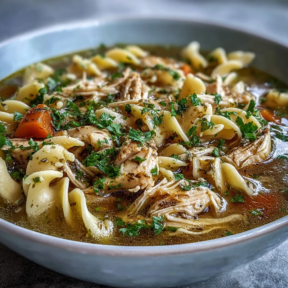 Steaming Instant Pot Chicken Noodle Soup in a clear bowl with tender shredded chicken, carrots, celery, and parsley garnish.