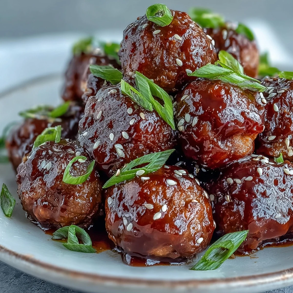 Tender meatballs simmered in tangy sweet and sour sauce, garnished with sesame seeds and green onions for serving.