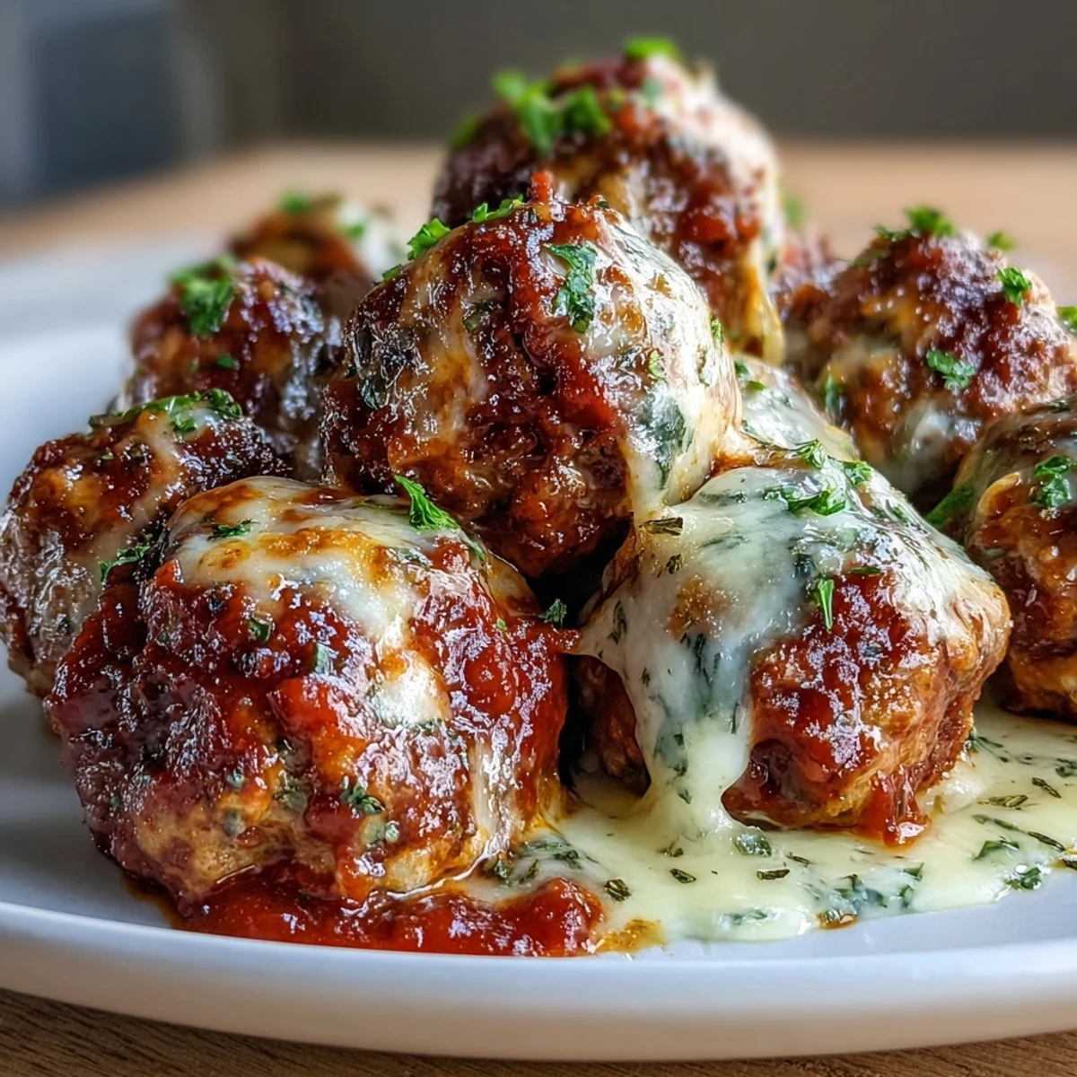 Golden-brown Cheesy, Garlicky Meatballs With Marinara bubbling in a rich red sauce, topped with fresh basil.