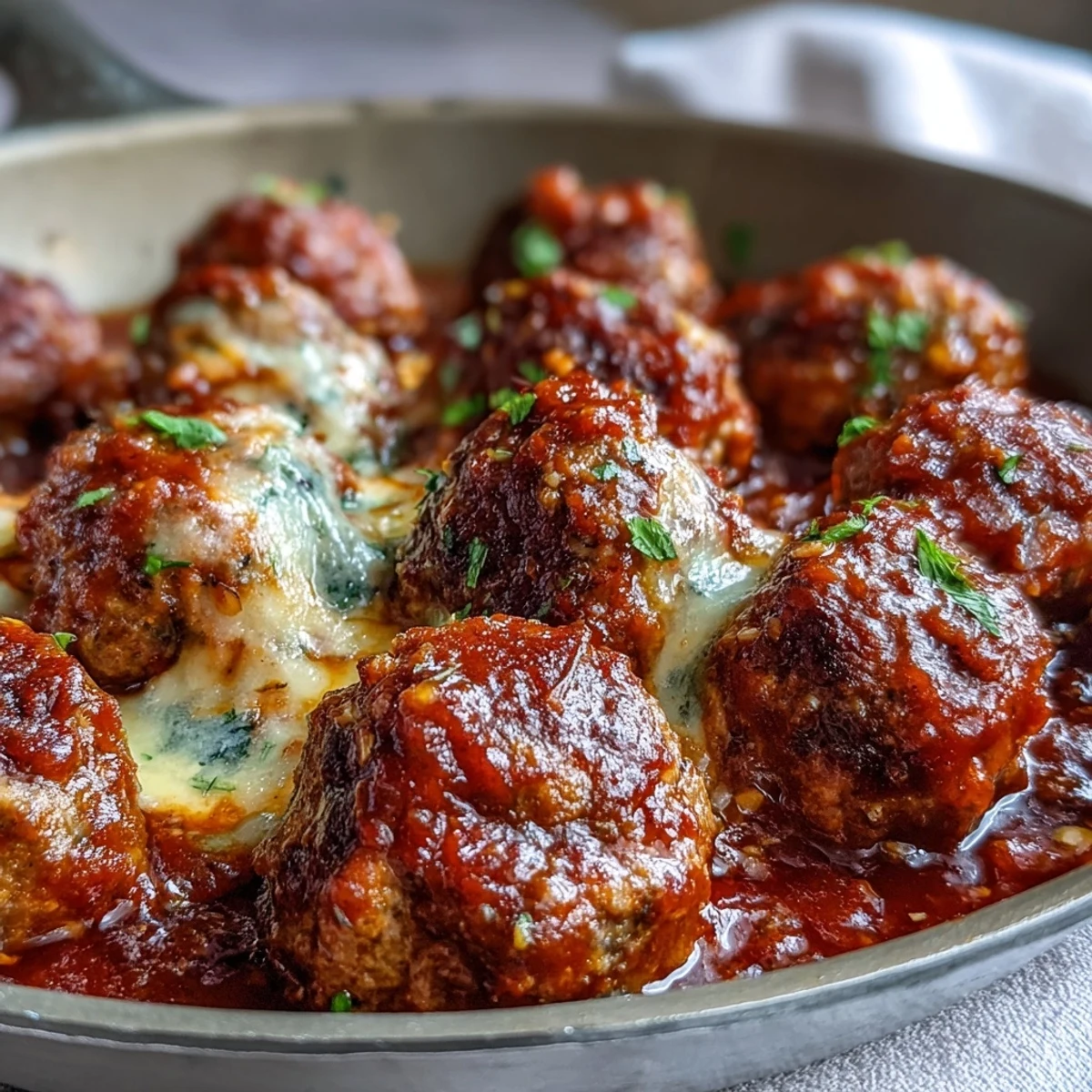Close-up of a meatball from Cheesy, Garlicky Meatballs With Marinara revealing melted mozzarella and a steamy interior.