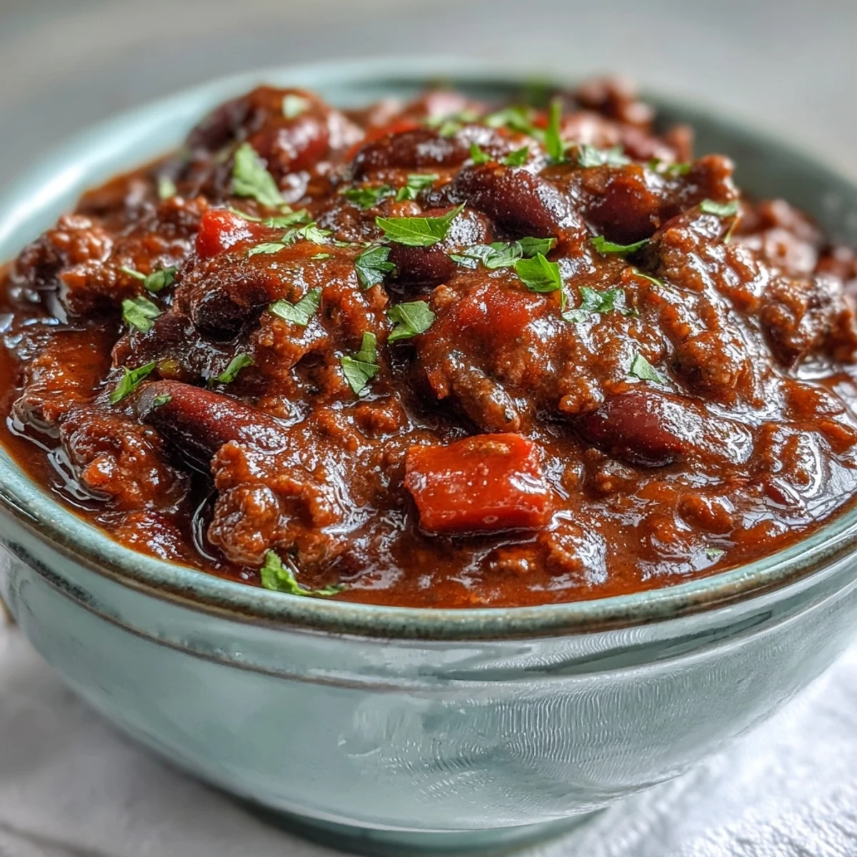 Bowl of Slow Cooker Chili topped with shredded cheese and cilantro, served with cornbread on a rustic table.