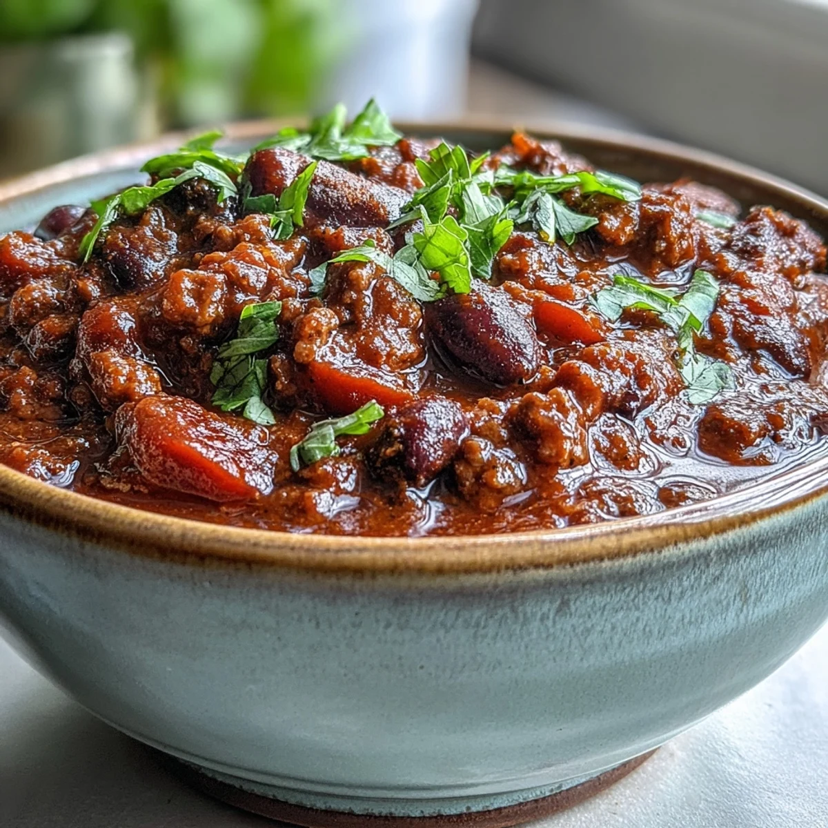 Slow Cooker Chili in a white bowl with melted cheddar, sour cream, and green onions, a spoon ready to serve.