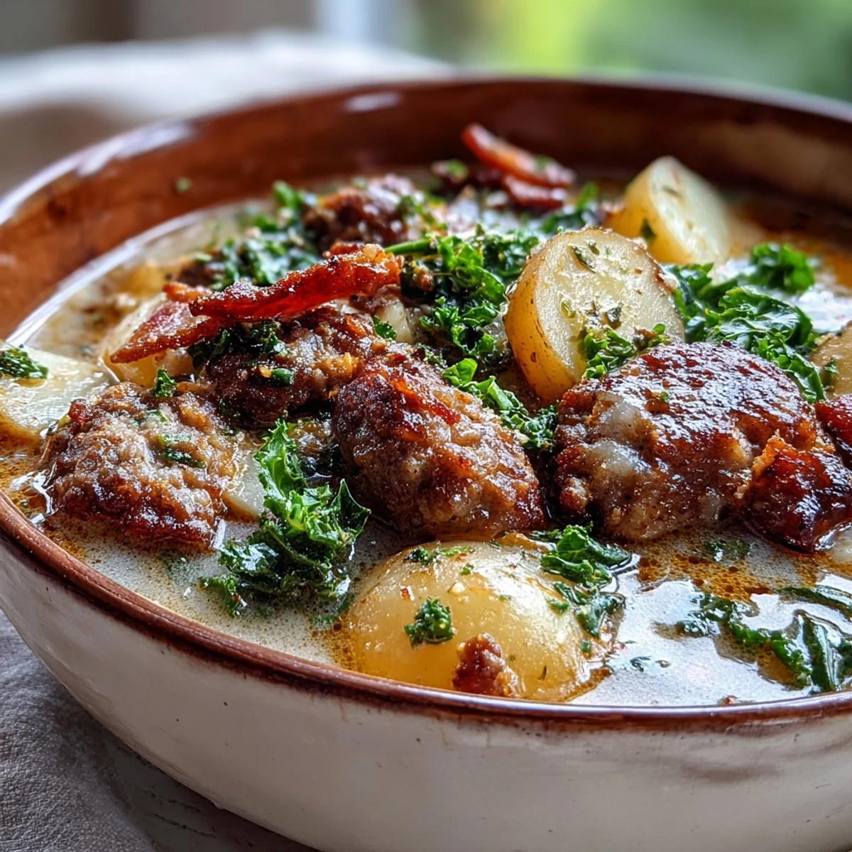 A bowl of creamy Italian Sausage Soup with tender potatoes and vibrant green kale, topped with crispy bacon bits.