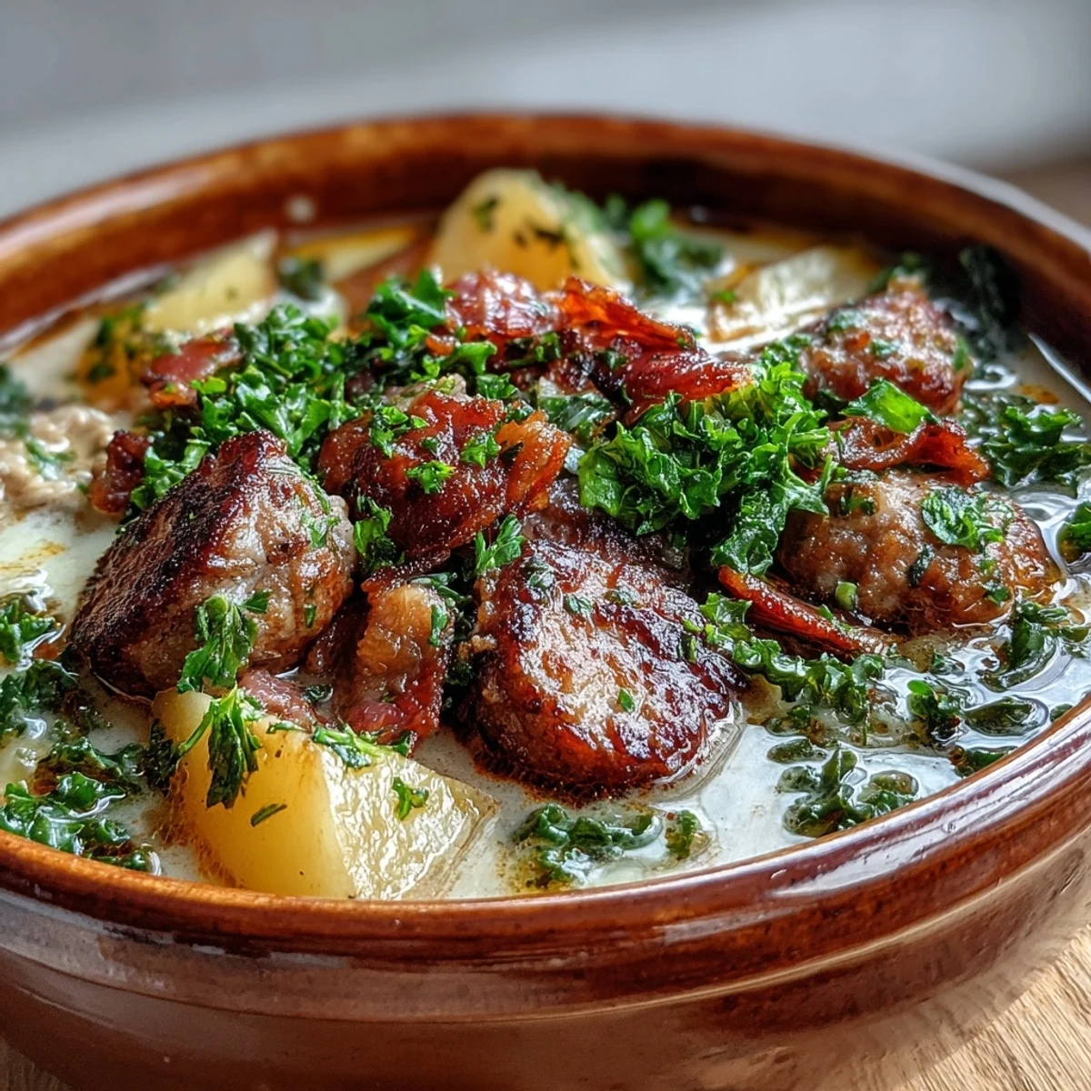 Comforting Italian Sausage Soup served steaming hot, garnished with fresh kale and a splash of cream for a rich finish.