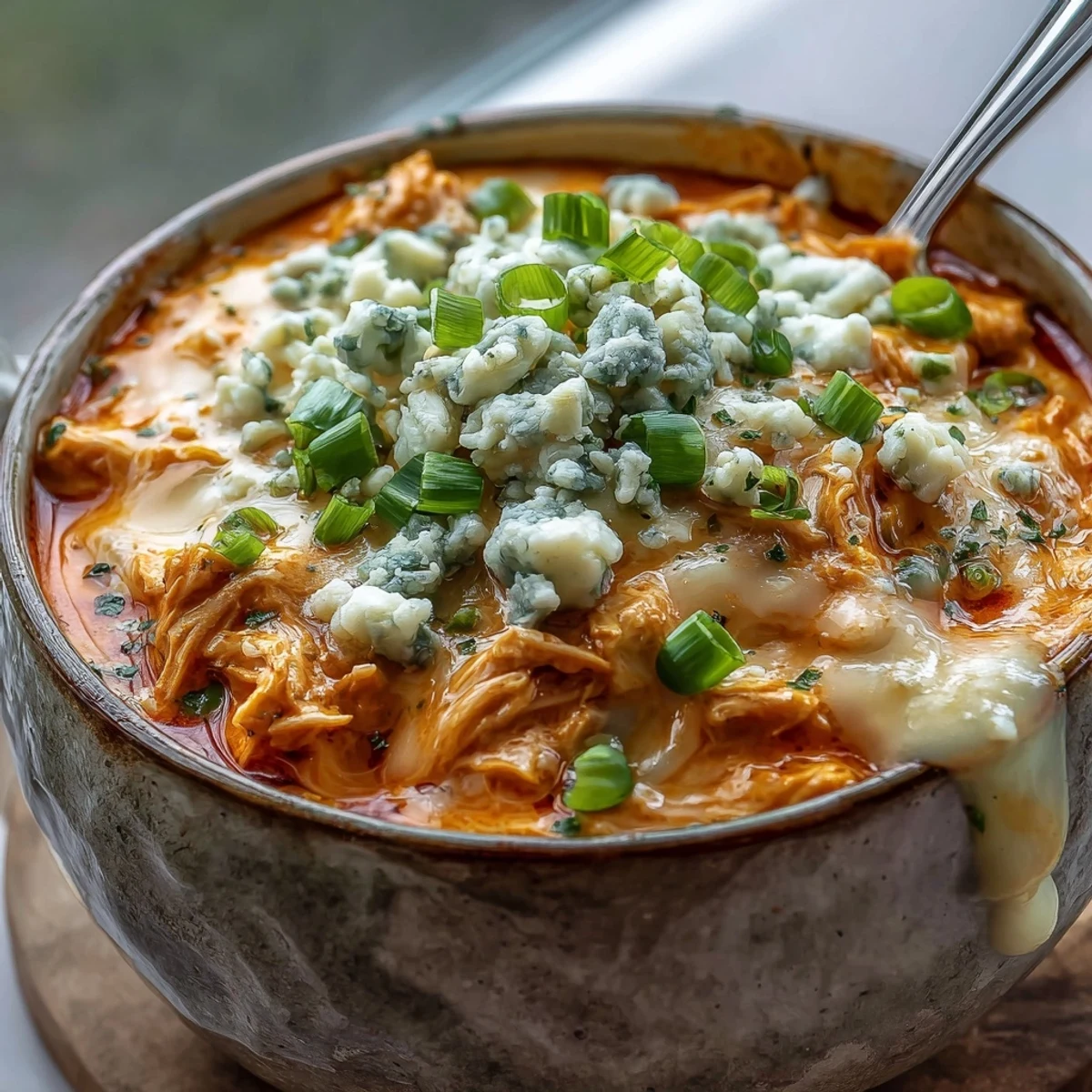 Creamy Crock Pot Buffalo Chicken Dip Soup in a rustic bowl, topped with green onions and blue cheese crumbles.