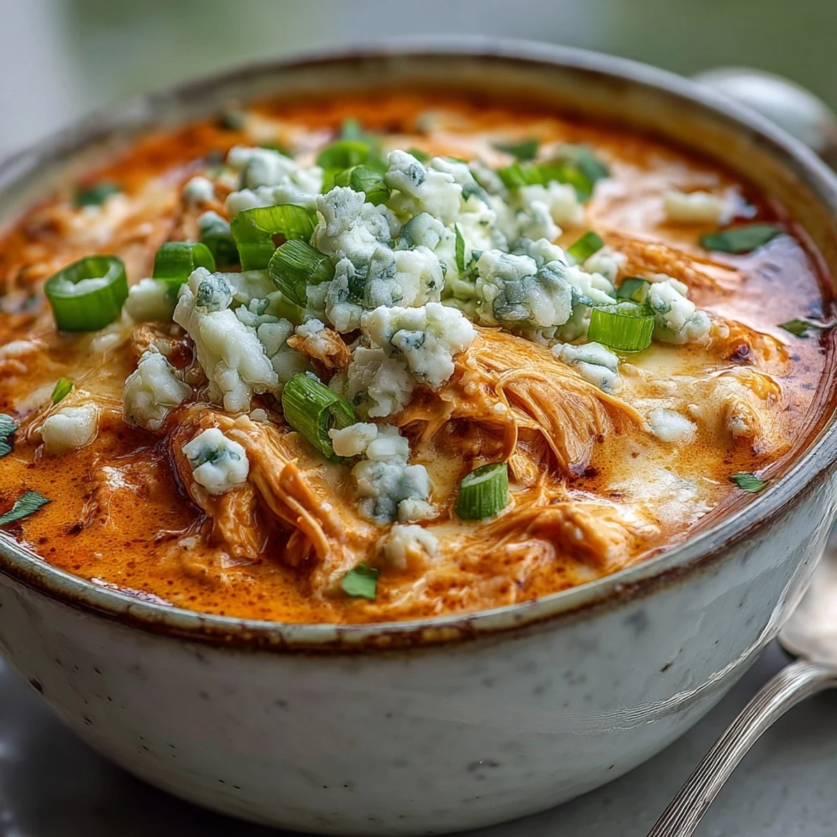 Serve Crock Pot Buffalo Chicken Dip Soup hot with celery sticks and tortilla chips for dipping.
