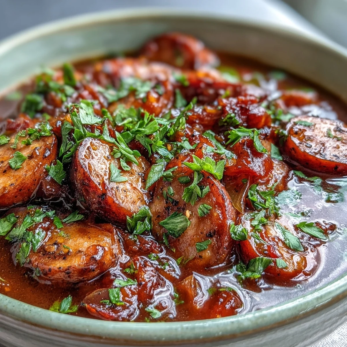 Slow cooker bowl of Crock Pot BBQ Cocktail Sausage Soup, featuring tender smoked sausages and colorful diced bell peppers in a rich, tangy sauce.