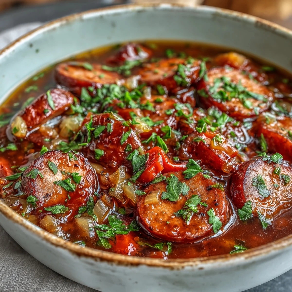 Savory Crock Pot BBQ Cocktail Sausage Soup garnished with fresh parsley, served alongside crusty bread perfect for dipping into the sweet and smoky broth.