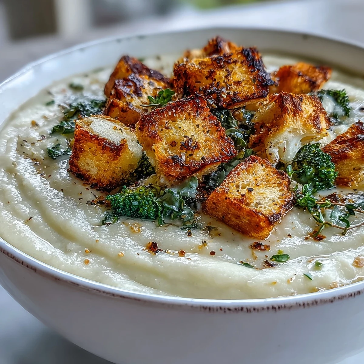 Golden Cauliflower and Broccoli Soup topped with crisp, homemade croutons served steaming in a rustic ceramic bowl.