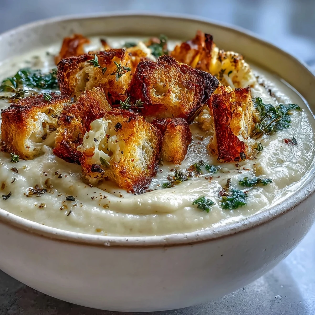 Nutrient-packed Cauliflower and Broccoli Soup in a white bowl, ready to eat with a cozy spoon on the side.