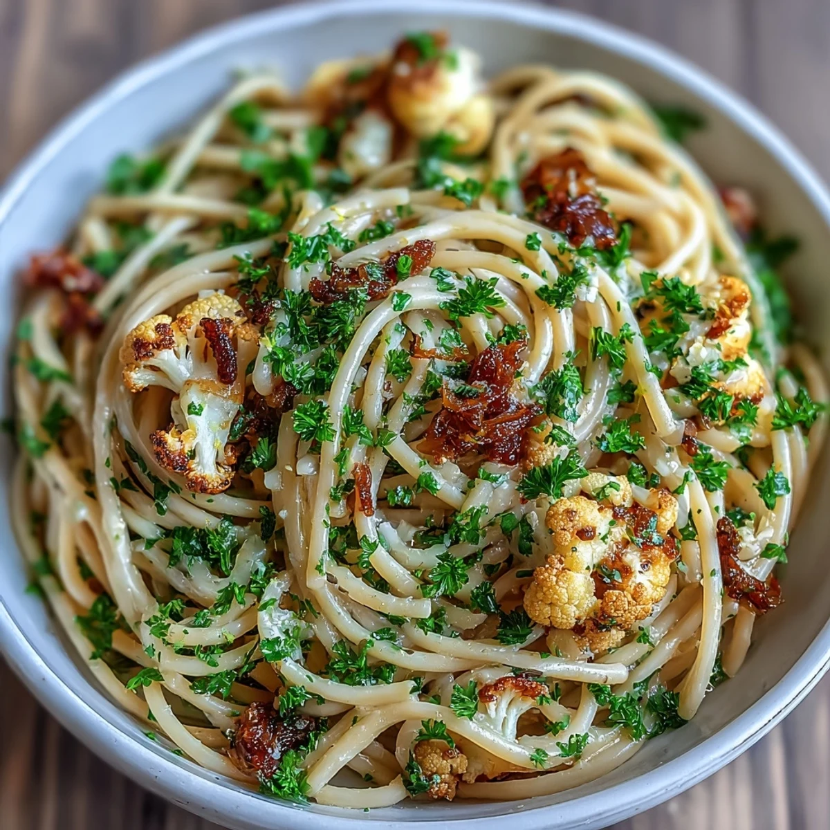 Golden roasted cauliflower florets mingle with savory anchovies and sweet raisins in this delicious Cauliflower, Anchovy and Raisin Spaghetti dish.