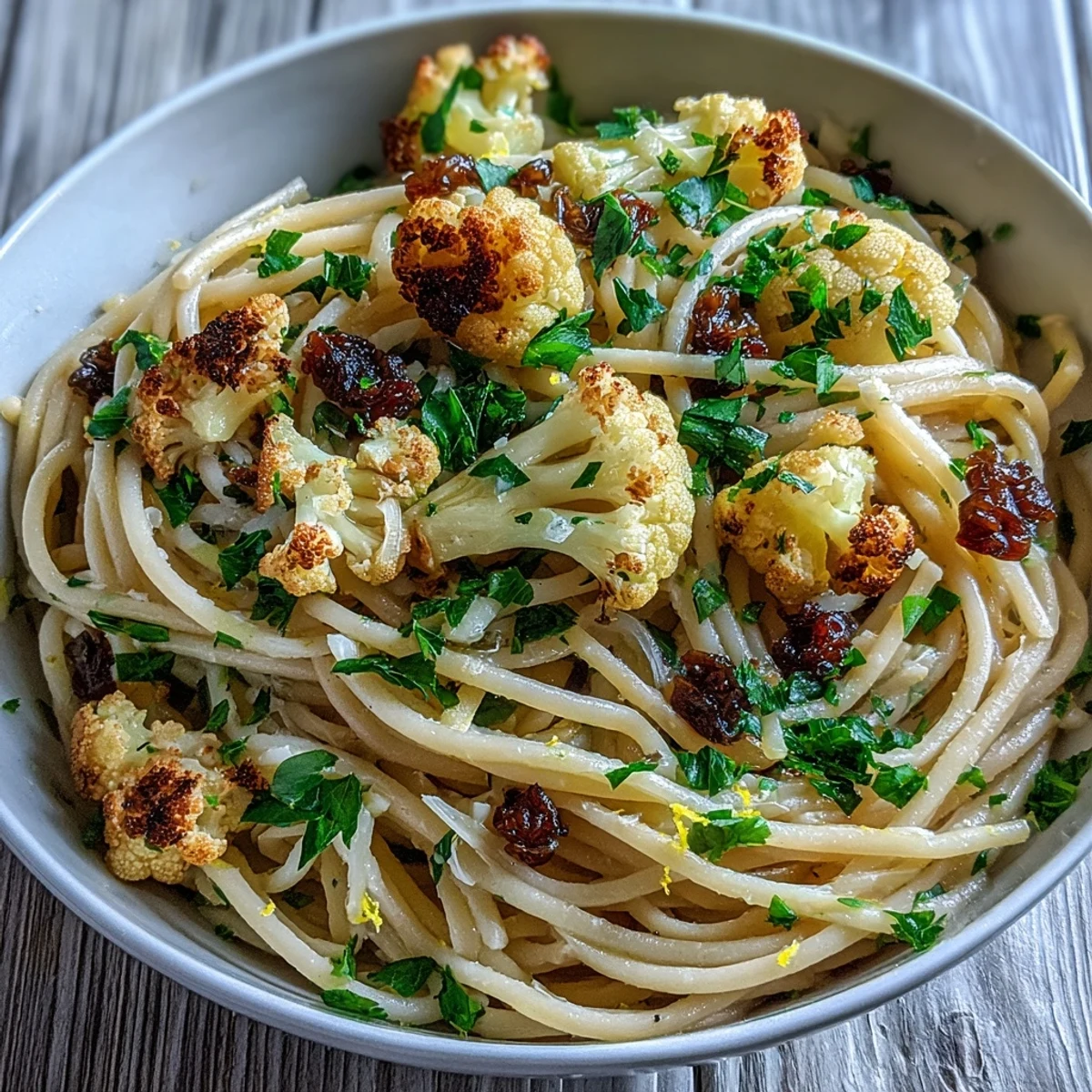 Serving suggestion for Cauliflower, Anchovy and Raisin Spaghetti topped with fresh parsley and lemon zest, plated on a rustic table.