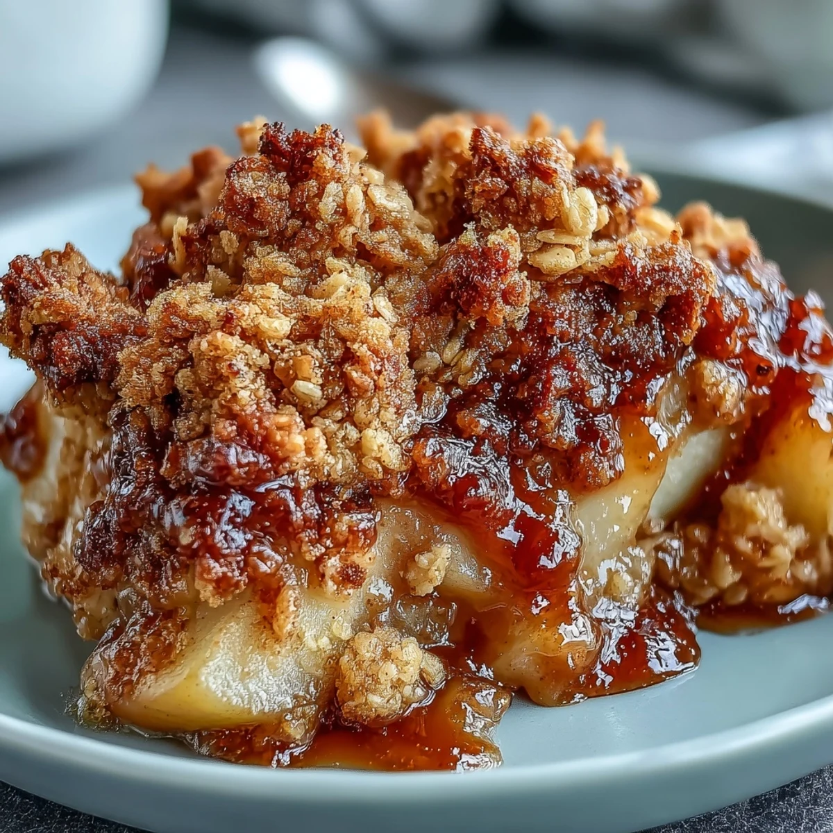 Freshly baked Pear Crumble with a golden, crunchy oat topping, bubbling with sweet cinnamon-spiced pears.