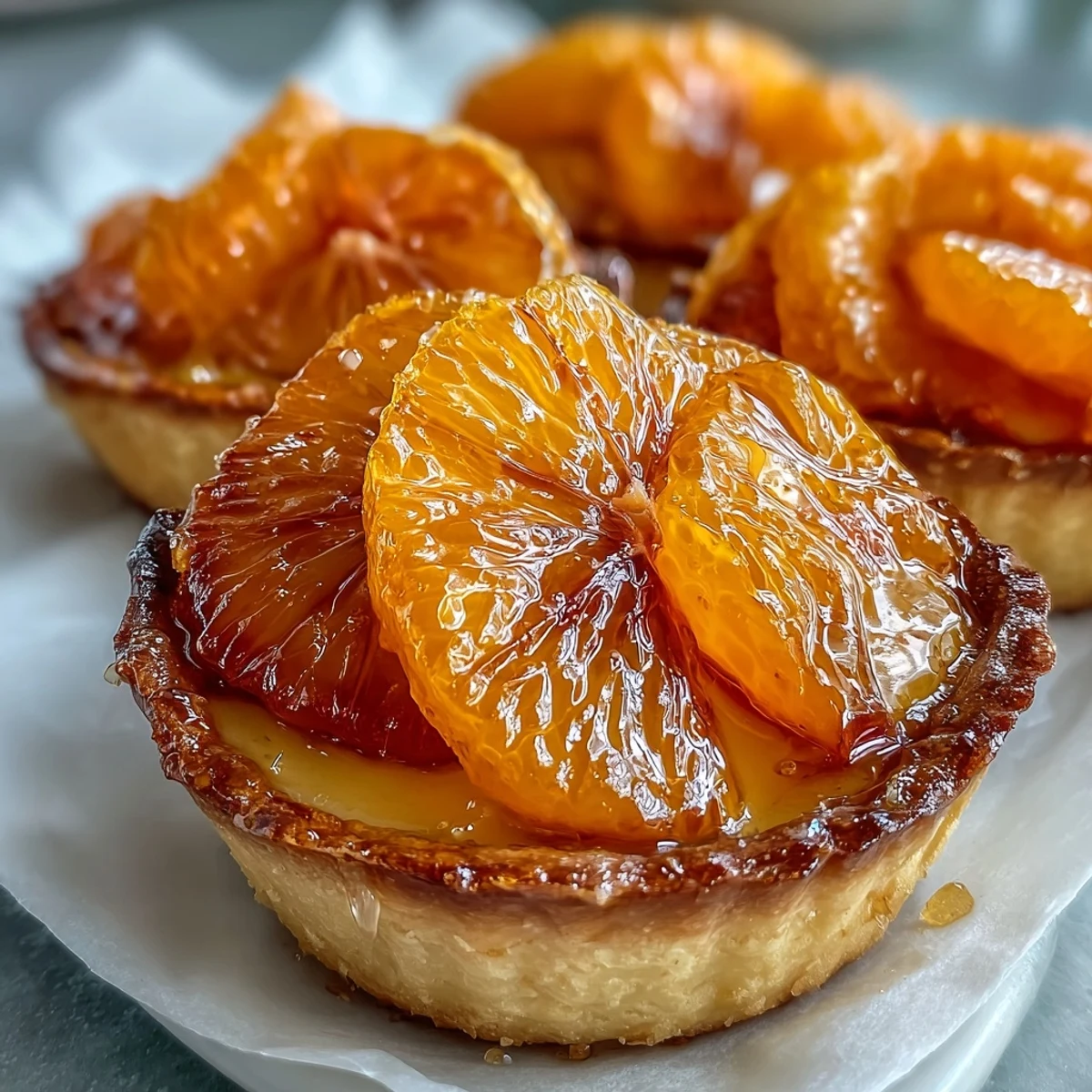 Six Blood Orange Tarts with silky vanilla custard and glossy citrus slices on a marble board.