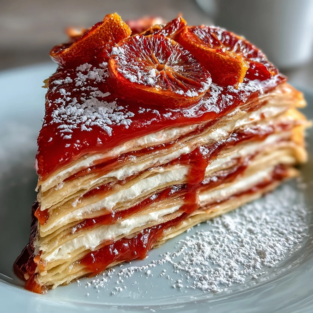 Freshly sliced Blood Orange Curd Crêpe Cake reveals alternating layers of creamy whipped cream and vibrant, tangy blood orange curd filling.