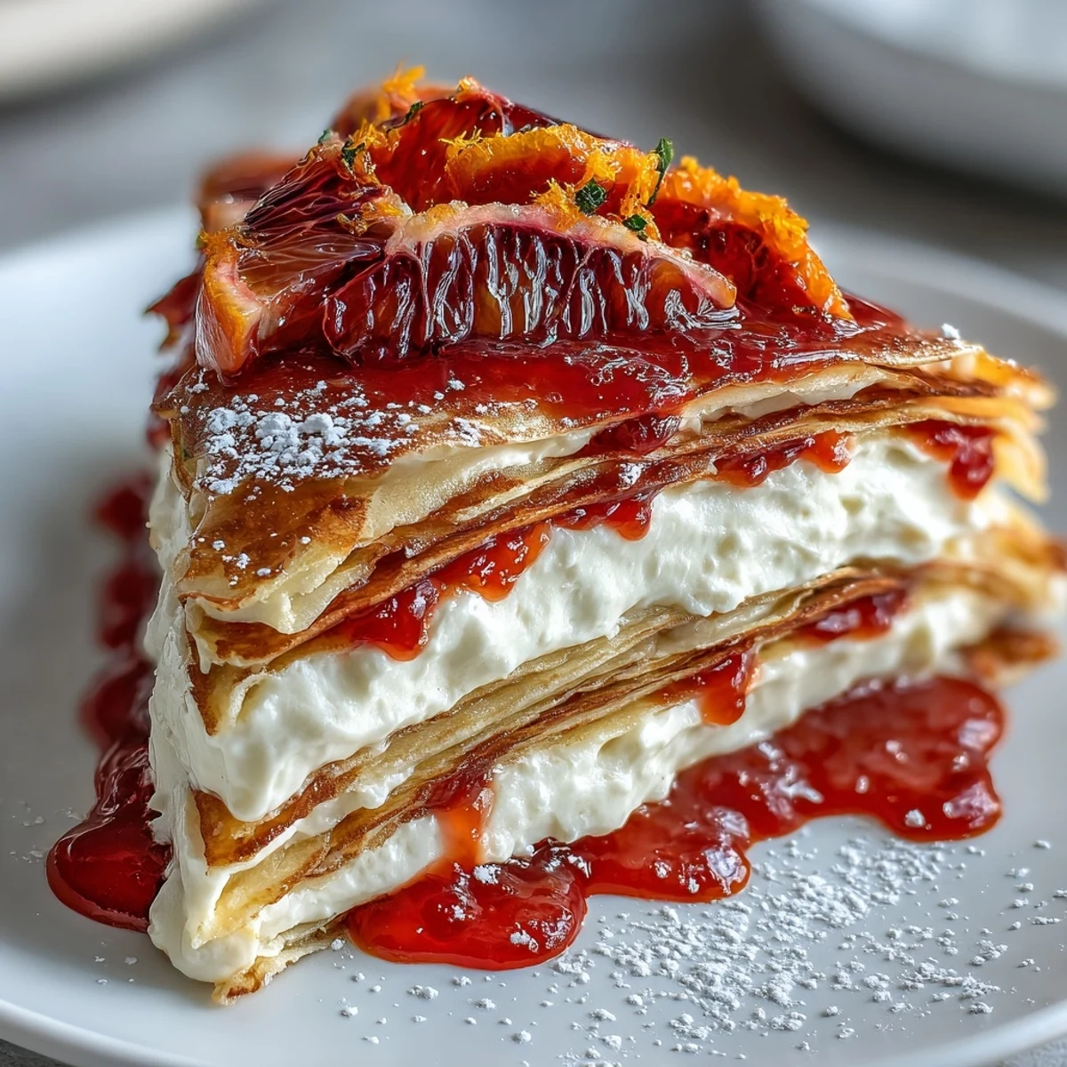 Blood Orange Curd Crêpe Cake shows off delicate crêpes and bright citrus zest on a white ceramic serving plate.
