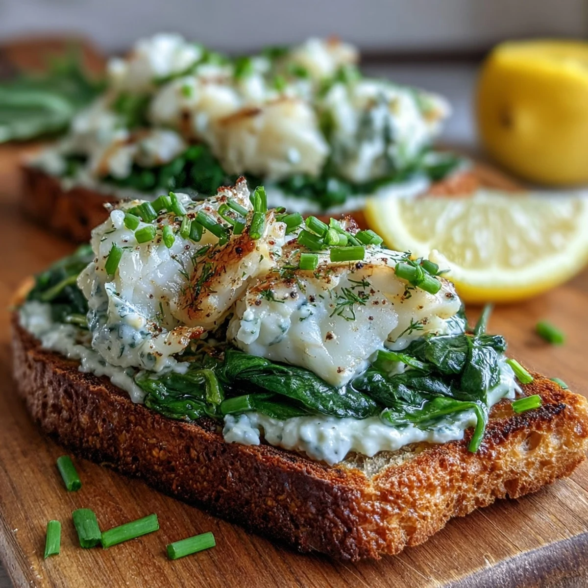 Enjoy tender smoked haddock and wilted spinach piled high on toasted rye bread slices.