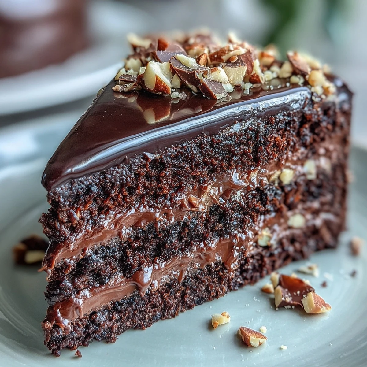 Dark Chocolate Celebration Cake is layered with rich ganache and praline, ready to serve with espresso at a festive gathering.