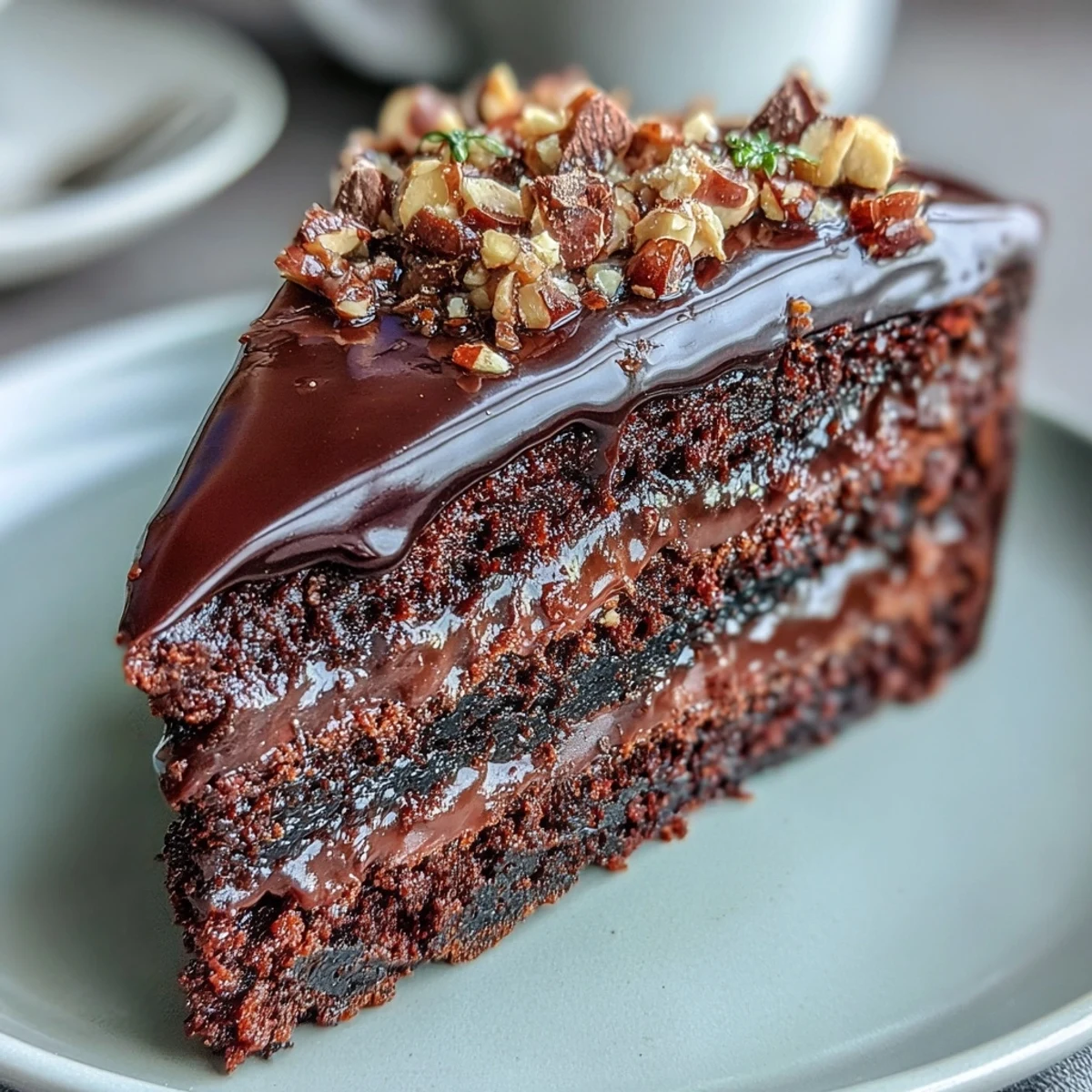 Sliced Chocolate Celebration Cake reveals olive oil cake layers and hazelnut praline, plated with fresh berries for a celebratory dessert.