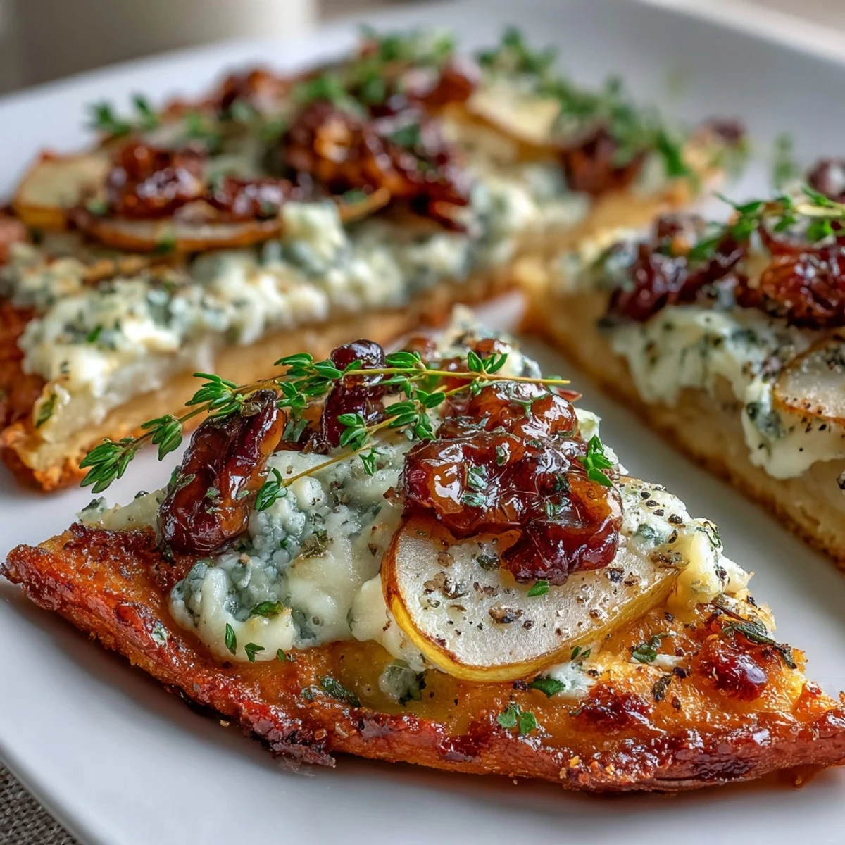 Freshly baked Pear, Gorgonzola, and Pickled Walnut Pizzettes on a rustic wooden board with a bottle of olive oil nearby.