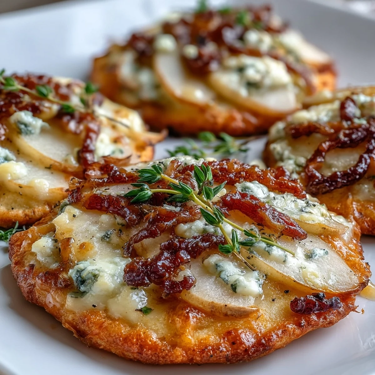 Appetizer platter featuring warm Pear, Gorgonzola, and Pickled Walnut Pizzettes drizzled with honey and served on a marble slab.