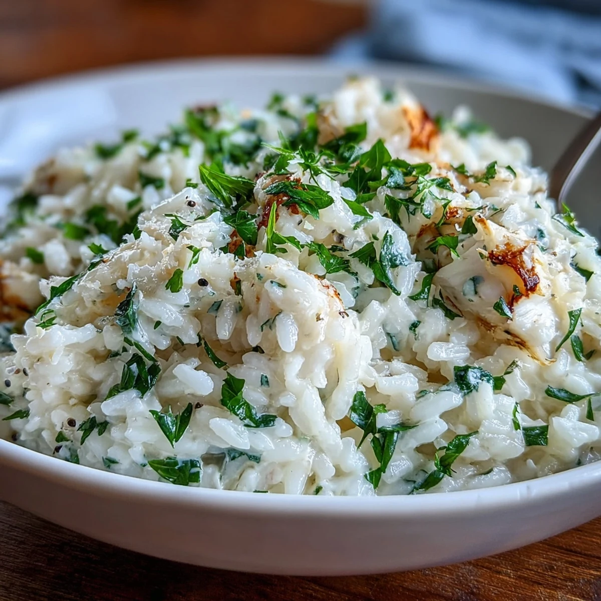 Golden Smoked Haddock Risotto finished with butter and herbs, paired with a glass of white wine for dinner.