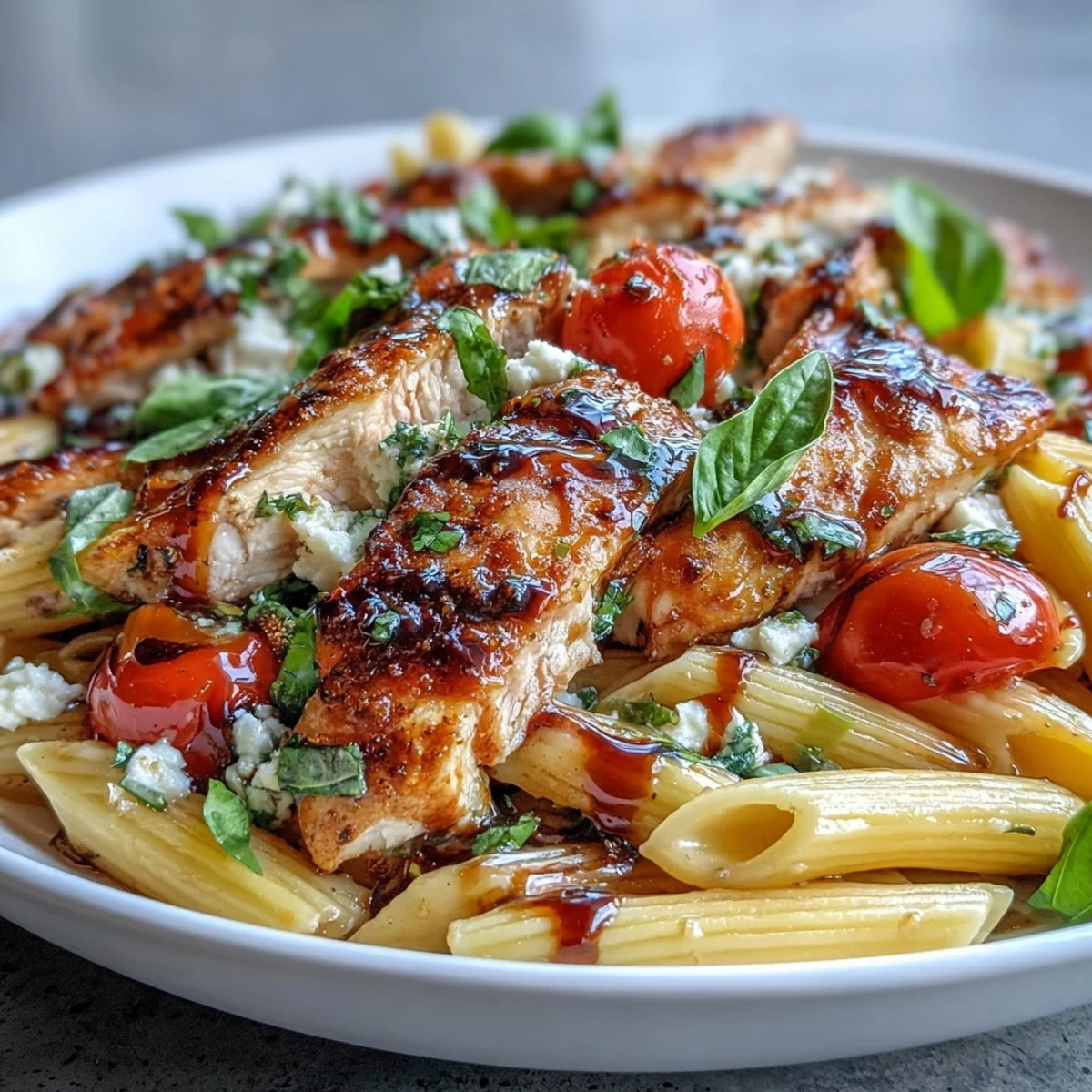 Bright cherry tomatoes soften into a juicy sauce for this Bruschetta Chicken Pasta, tossed with golden-seared chicken and fresh basil.